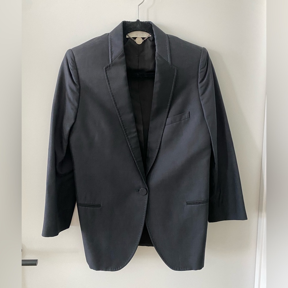 Stella McCartney silk navy and black Tuxedo Blazer, size small, 38 1/2 suit